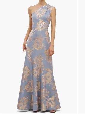 Kay Unger One-Shoulder Blue Floral Evening Gown